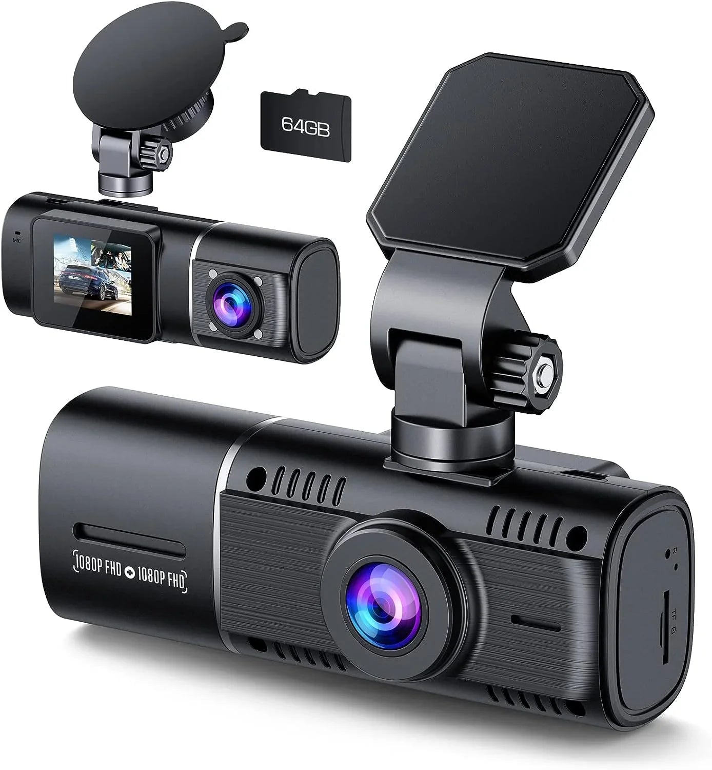 Dual Dash Cam Front and Inside 1080P Dash Camera for Cars  Night Vision Car Camera for Taxi Accident Lock Parking Monitor 2 Mounting Options 64GB  Card
