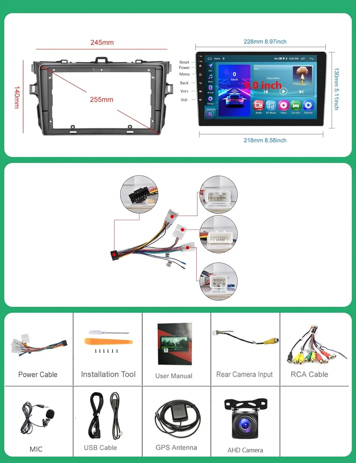 Android Car Stereo for Toyota Corolla 2009 2010 2011 2012 2013 with Wireless Carplay Android Auto,  9” Touch Screen 2G+32G Car Radio with Backup Camera, Navigation,Bluetooth,,WiFi,/