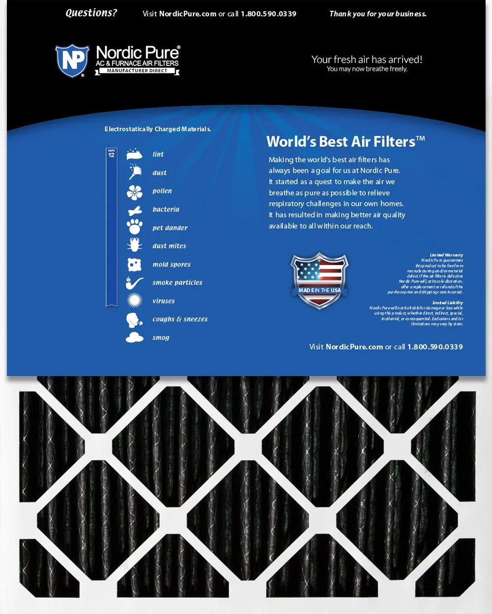 Nordic Pure 16x20x4 (3 5/8) Pleated Air Filter  12 Pleated + Carbon 2 Pack