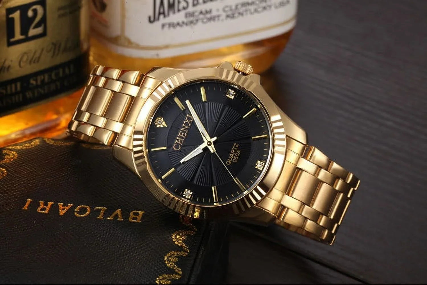 Brand Famous Noble Gentlmen Watch Classic Luxury Gold Stainless Steel Quartz Male Watches Fashion Delicate Gift Clock Men