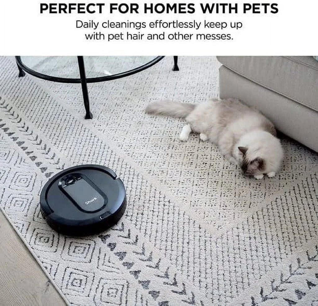 Restored Shark   Robot Vacuum with Row-by-Row Cleaning, Powerful Suction, Perfect for Pet Hair, Wi-Fi, Carpets & Hard Floors (Black)- Renewed