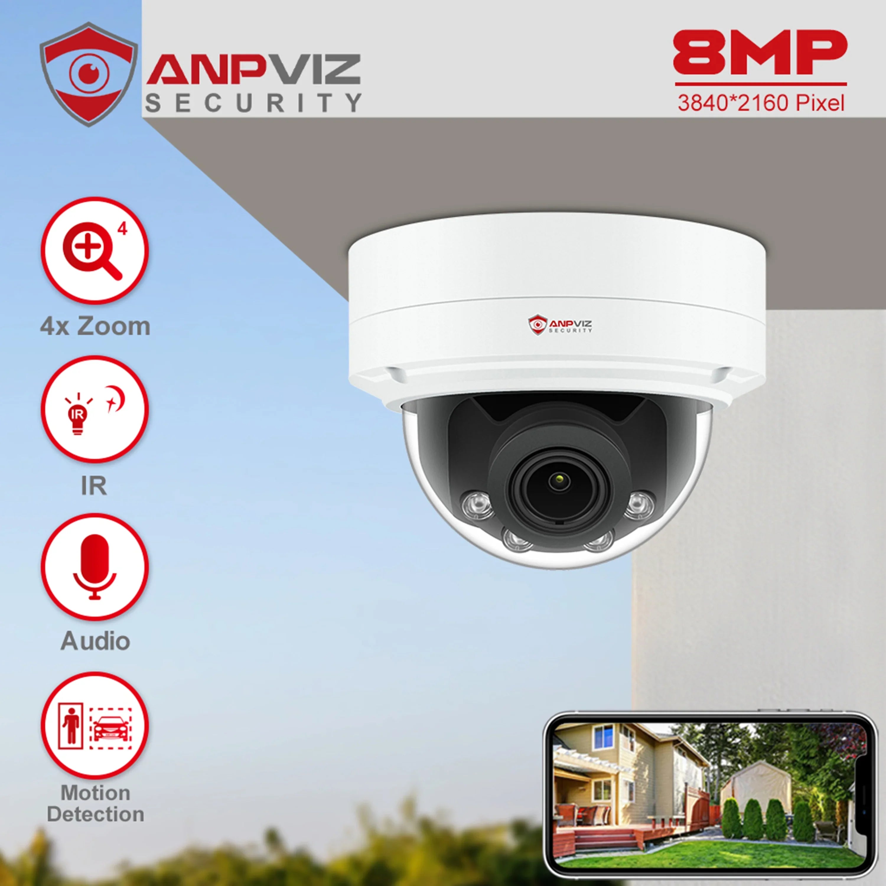 8MP  Camera 4X Zoom Camera Support Human Vehicle Detection 30m  Distance Built in Mic .265
