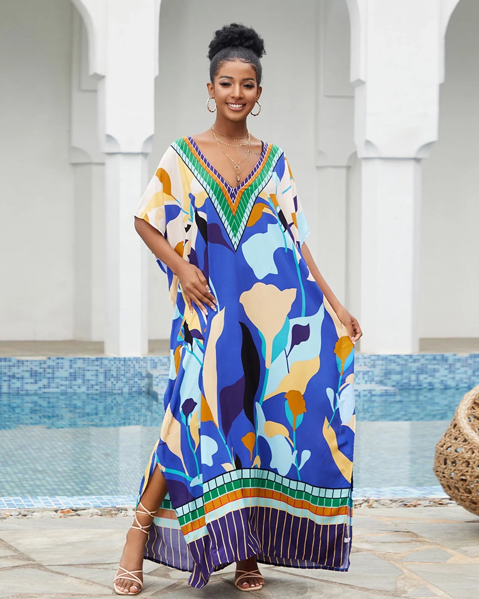 Edolynsa Bohemian Kaftan Dresses Plus Size Swimwear Bikini Cover Up Casual Beachwear Long Tops