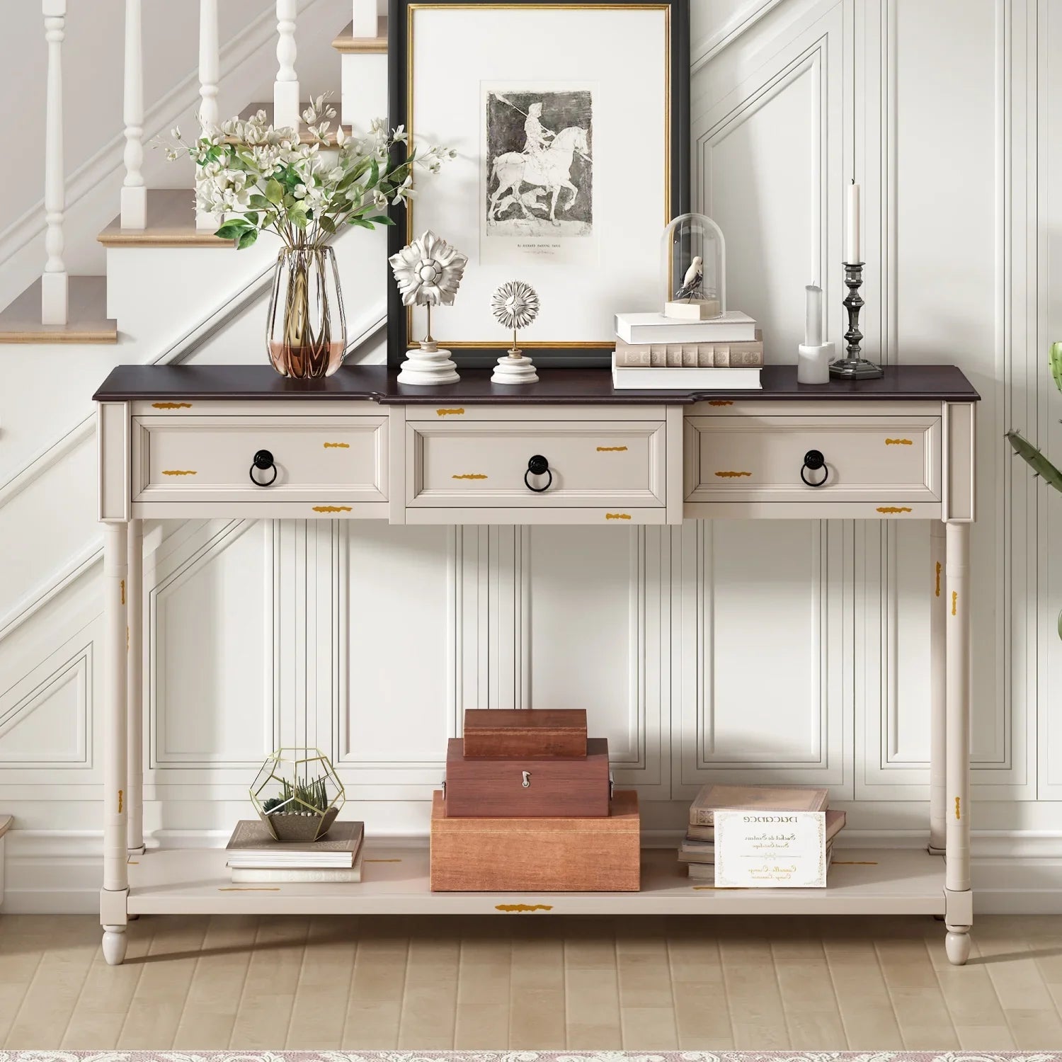 Console Table Sofa Table with Drawers for Entryway with Projecting Drawers and Long Shelf (Antique White     )