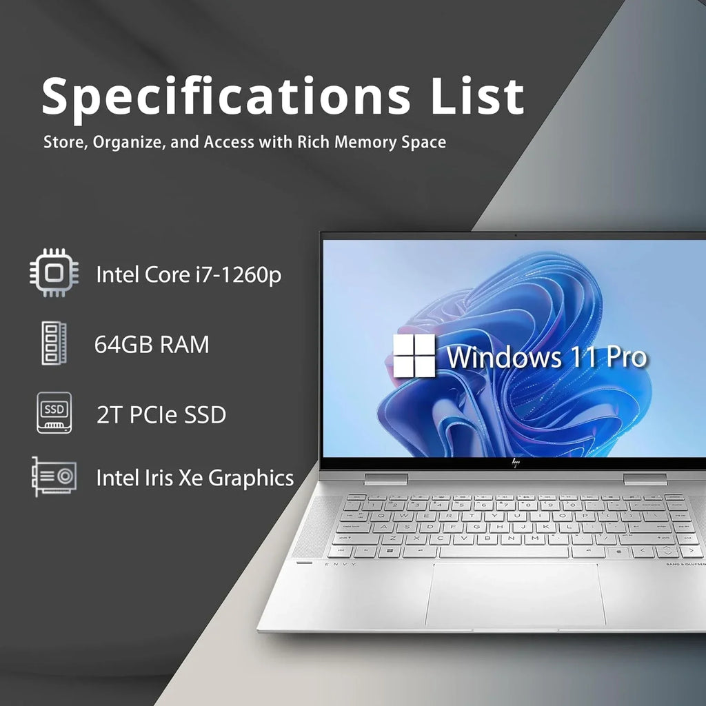 Envy x360 2-in-1 15.6"  Touchscreen Laptop, Intel Core i7-1260p, 64GB , 2TB , Backlit ,  Webcam, Intel Iris Xe Graphics, Wi-Fi, Bluetooth, Win 11 Pro, Silver, 32GB  Card