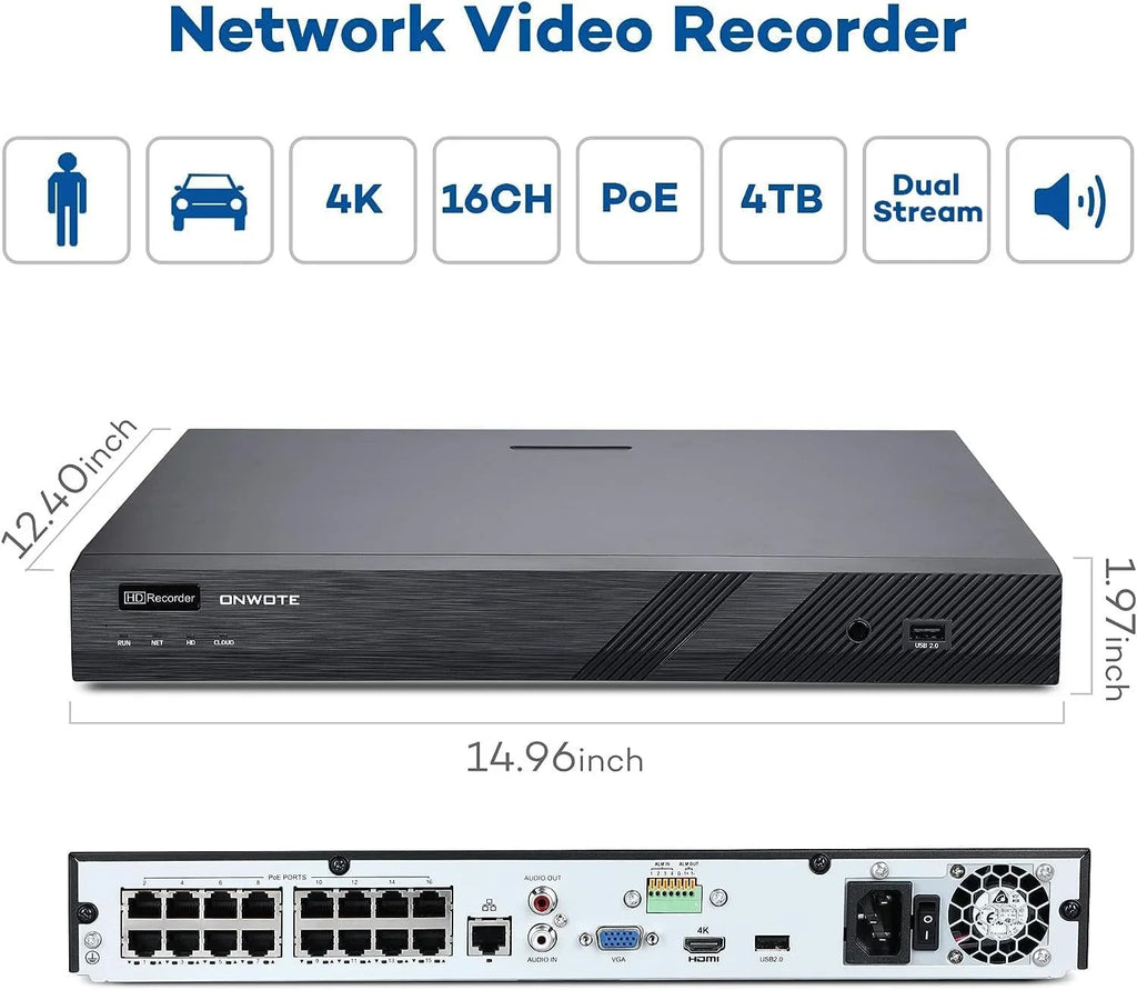 4K 16 Channel PoE Security Camera System,  Human & Vehicle Detection, 16CH 4K 8MP  with 4TB  pre-installed for 24-7 Recording, 16pcs 6MP Outdoor PoE  Cameras, Business Surveillance