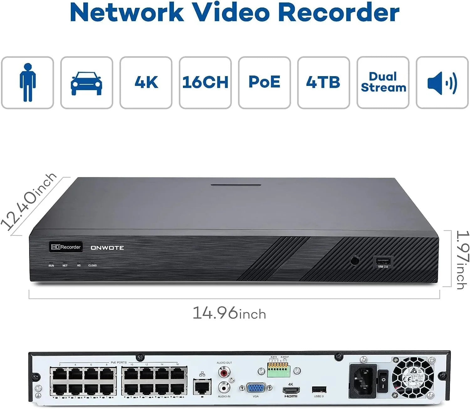 4K 16 Channel PoE Security Camera System,  Human & Vehicle Detection, 16CH 4K 8MP  with 4TB  pre-installed for 24-7 Recording, 16pcs 6MP Outdoor PoE  Cameras, Business Surveillance