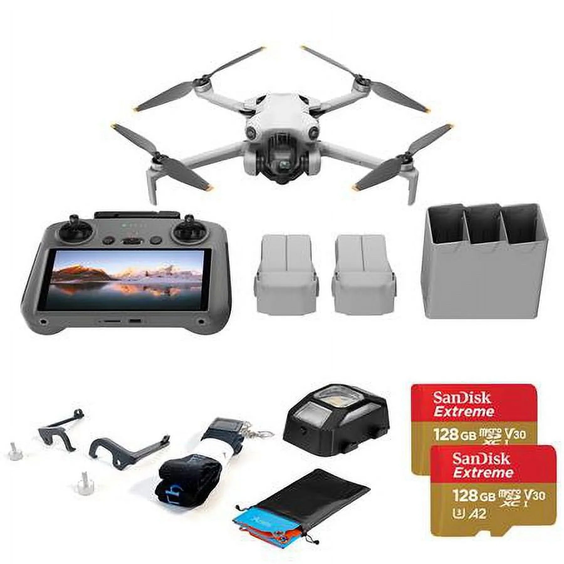 Mini 4 Pro Drone Fly More Combo Plus, Bundle with Claw Lanyard Mounting, 20" Foldable Landing Pad,  2x 128GB Memory Card
