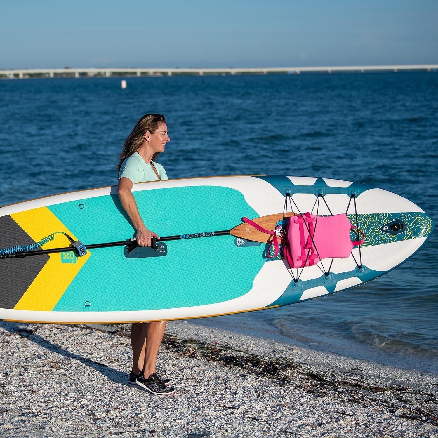 Body Glove Cruiser Inflatable Stand Up Paddle Board Package, White/Blue