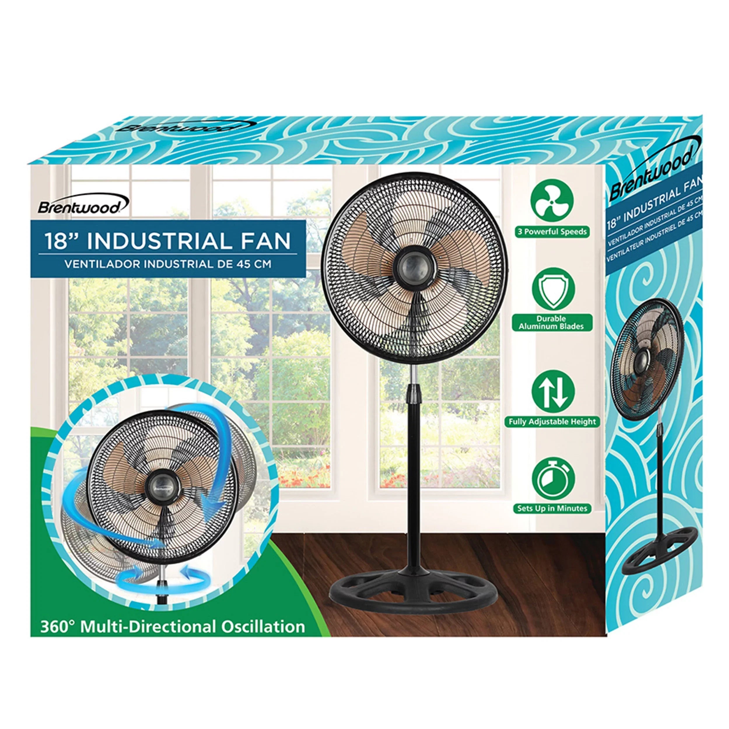 Brentwood 18 Inch Three Speed Industrial Pedestal Fan in Black