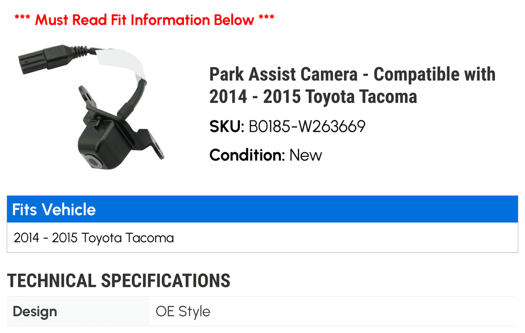 Park Assist Camera - Compatible with 2014 - 2015 Toyota Tacoma