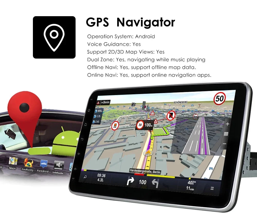 Hizpo Single 1  Rotatable 10.1'' Android 10 Touch Screen With Apple Carplay& Android Auto Car Stereo Radio  Navigation Wifi Bluetooth