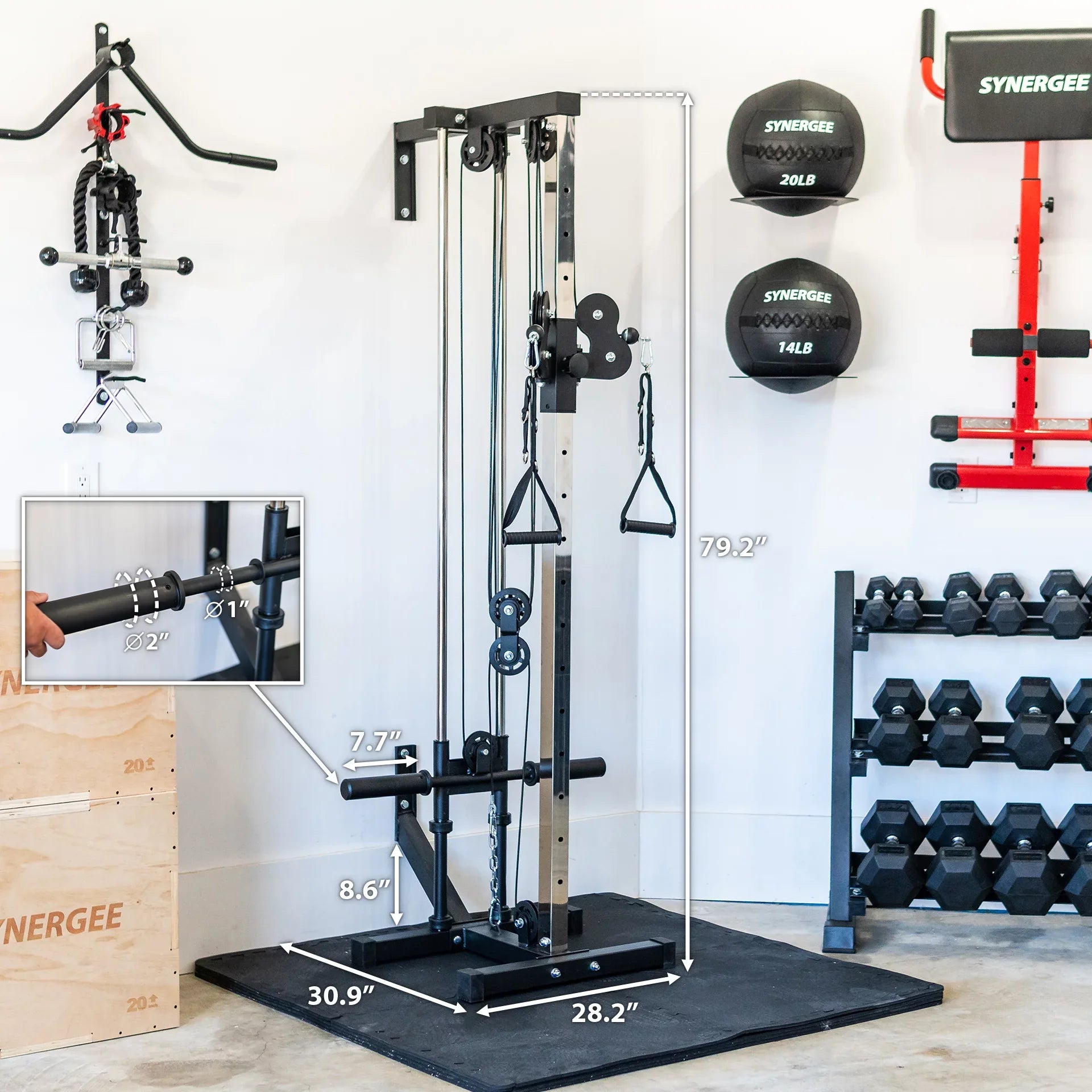 Synergee Wall Mounted Adjustable Dual Pulley Machine. Home Cable Attachment Station for Pulley System. For 1” and 2” Opening Weight Plates. Includes 2 Nylon Handles and Universal Attachment Points.