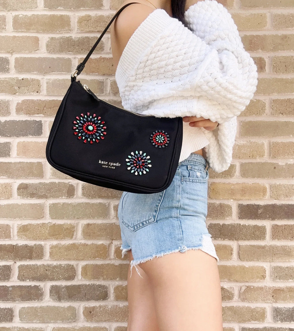 Kate Spade Little Better Sam Firework Embellished Nylon Small Shoulder Bag Black