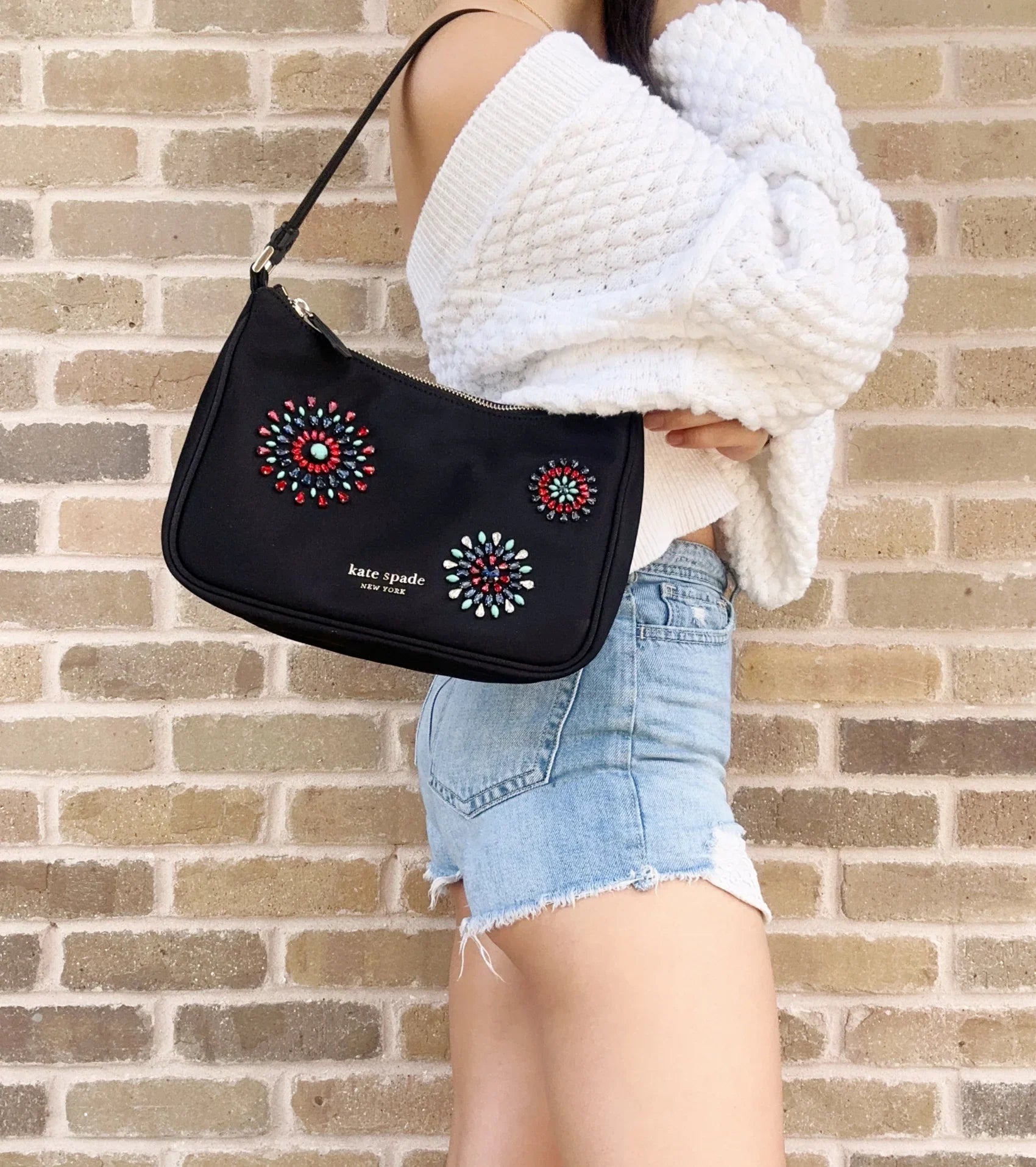 Kate Spade Little Better Sam Firework Embellished Nylon Small Shoulder Bag Black