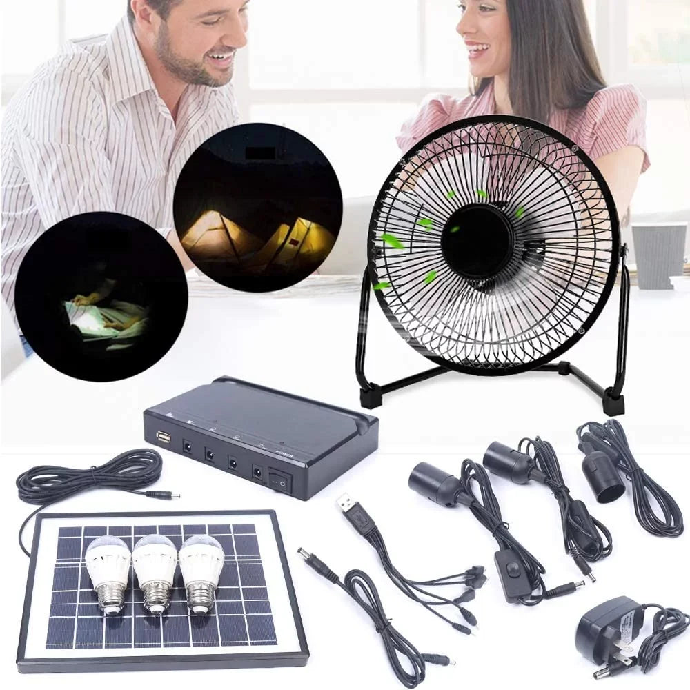 Portable Solar Powered Panel+Fan+3x1W 12V Bulbs 8 inch Solar Powered Fan, with Adapter for Ventilation Caravan Camping Home Office Outdoor Traveling Fishing