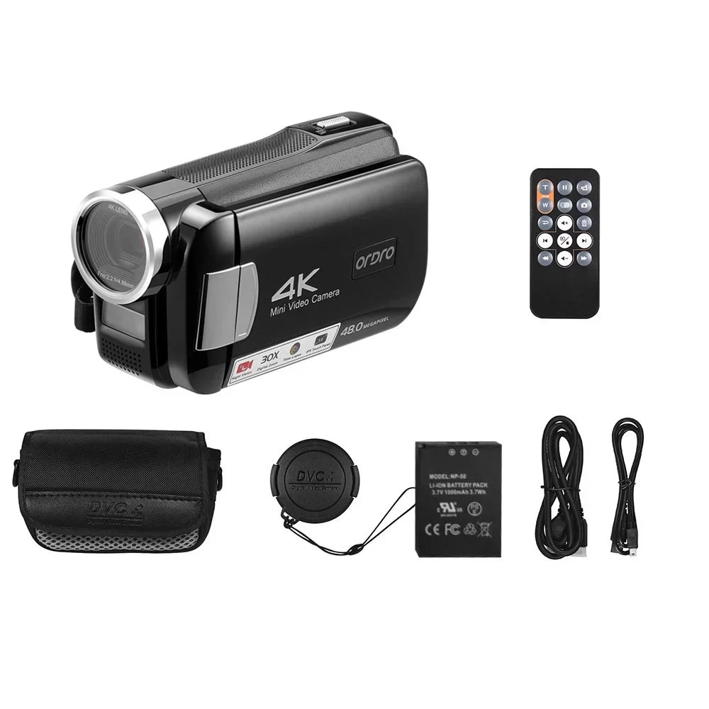 4K Digital Video Camcorder  Recorder 48MP 30X Digital Zoom  Night Vision 3.0 Inch  Touchscreen with Battery Remote Control Carry Bag