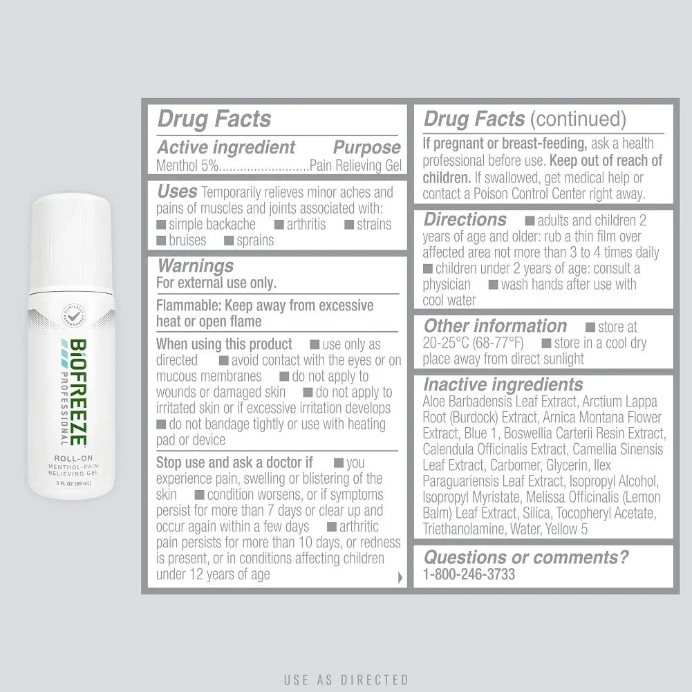 Biofreeze Professional Roll-On Gel 3  , Green Topical For Muscles And Joints From Arthritis, Backache, Strains, Bruises, & Sprains (Package May Vary)