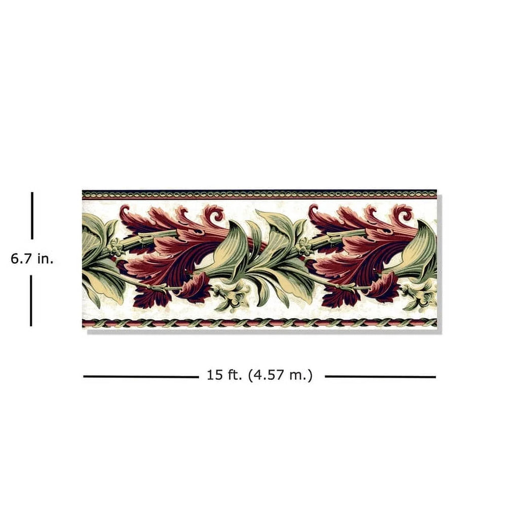 Designer Laurel Twist Wallpaper Border - Un-pasted - Green, Red 15'  x 6.7"