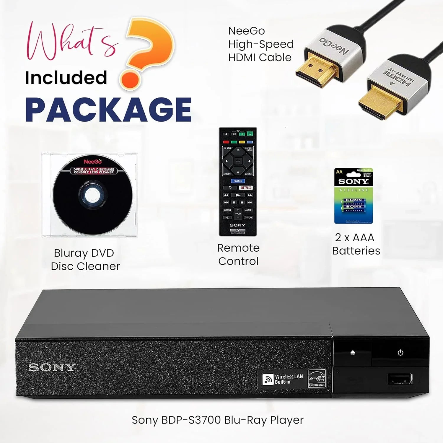 Sony - Blu-Ray Disc Player with Built-in Wi-Fi - Netflix, You Tube + Remote Control + NeeGo High-Speed  Cable /Ethernet NeeGo Lens Cleaner