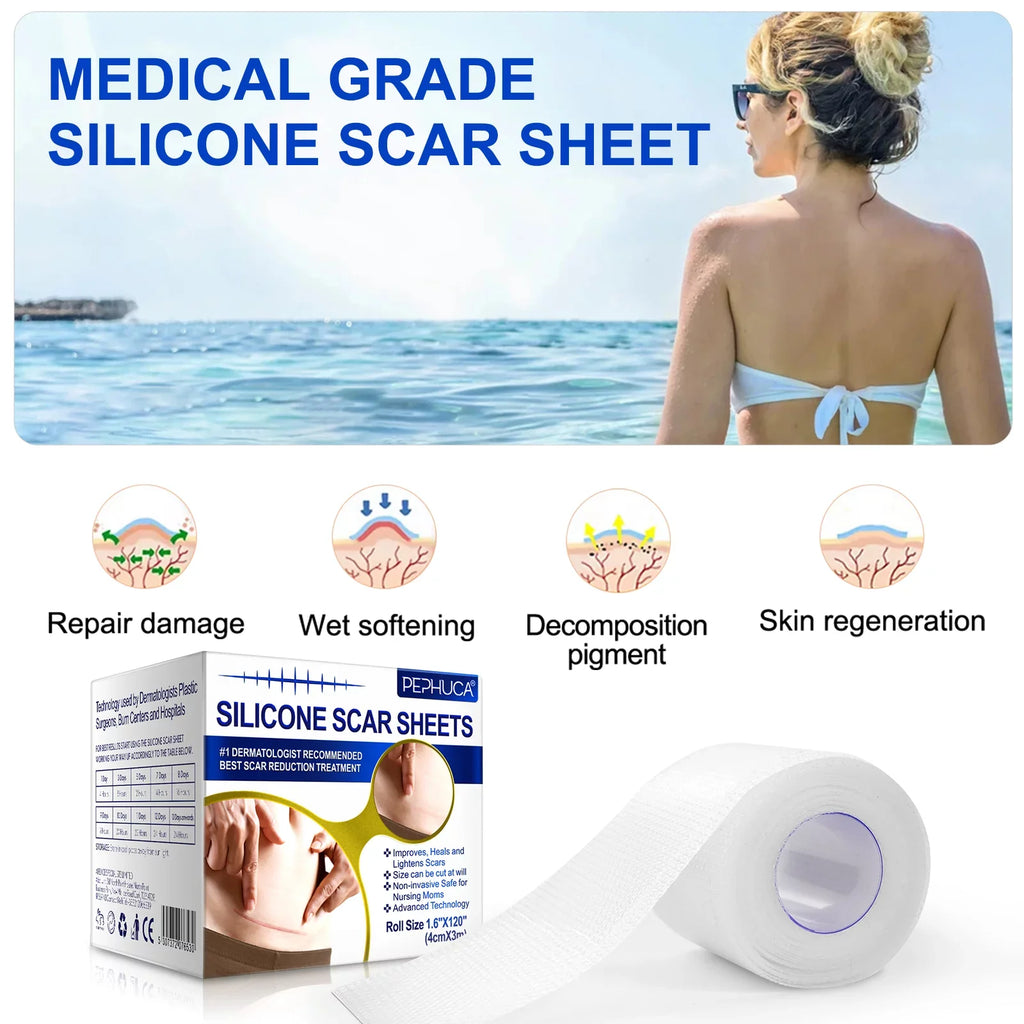Pephuca Medical Grade Silicone Scar Sheets,Reusable and Breathable Silicone Gel Tape for Scar Removal,120inch x 1.6inch Roll Reusable 6 Months Supply,Transparent - 2 Pack