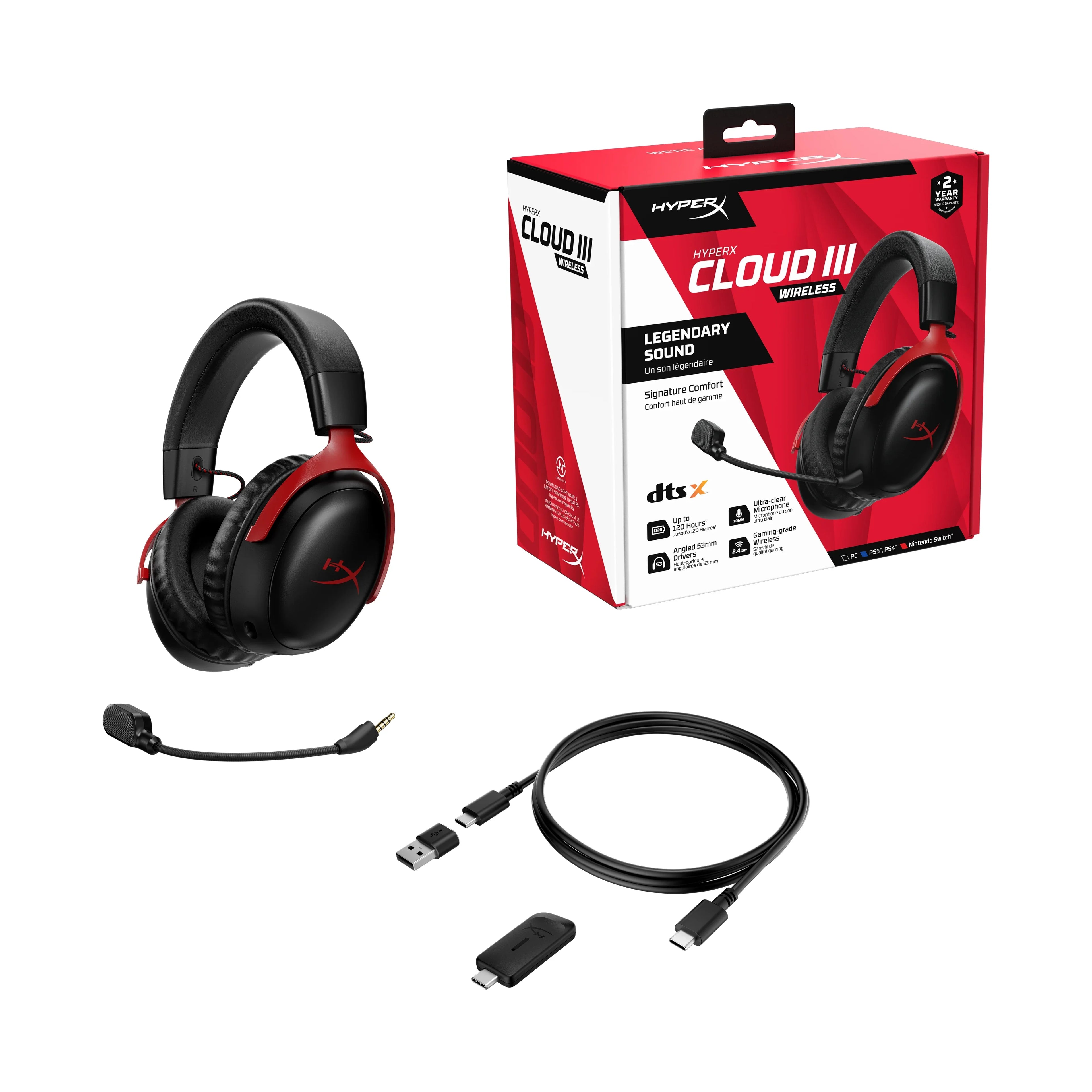 HyperX Cloud  Wireless – Gaming headset for , , , up to 120-hour Battery, 2.4GHz Wireless, 53mm angled drivers, Memory foam, Durable Frame, 10mm microphone – Black/Red