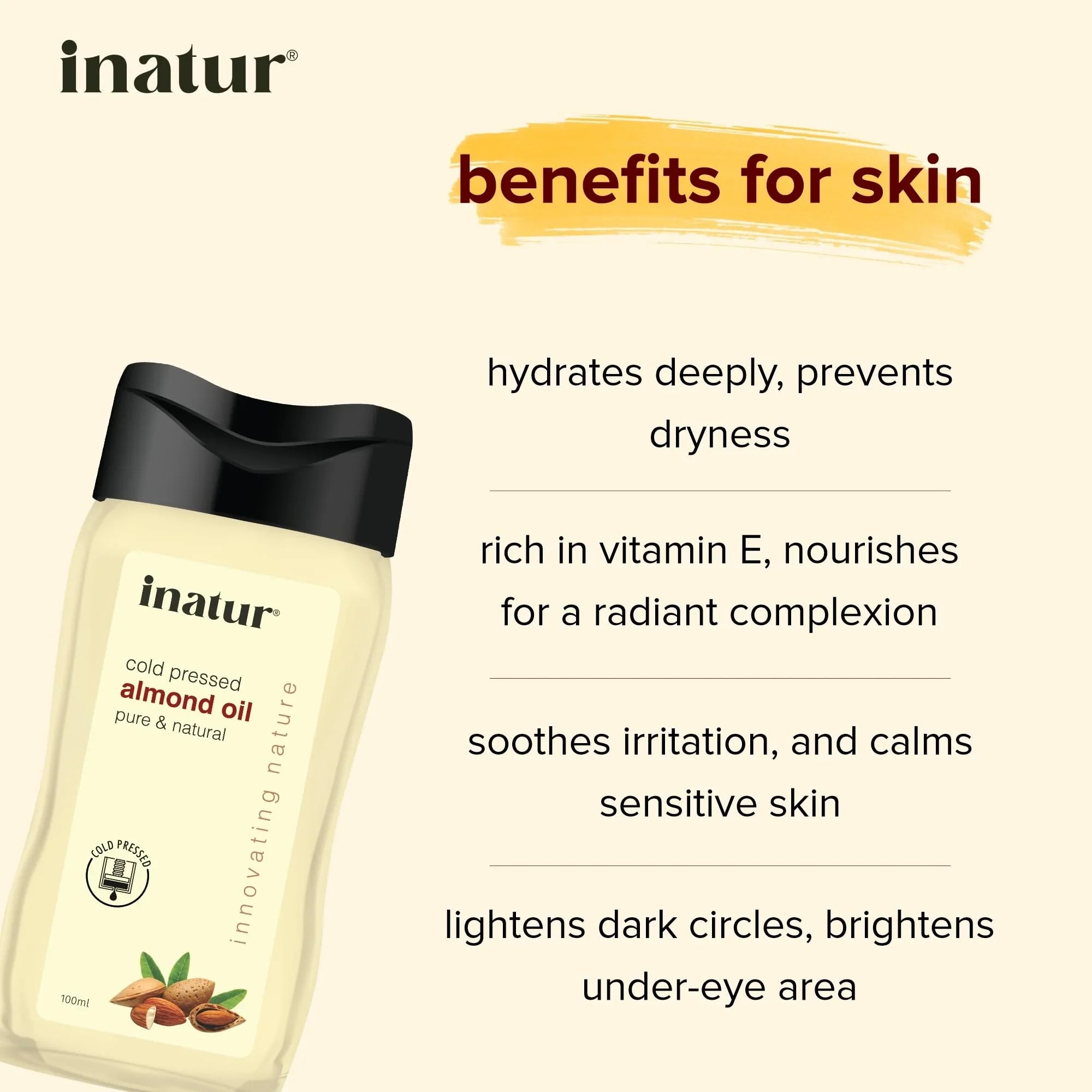 inatur Almond Oil 100 ml - 100% Pure, Cold Pressed & Organic Sweet Almond Oil - Ideal For Face, Body & Hair - Safe for Babies