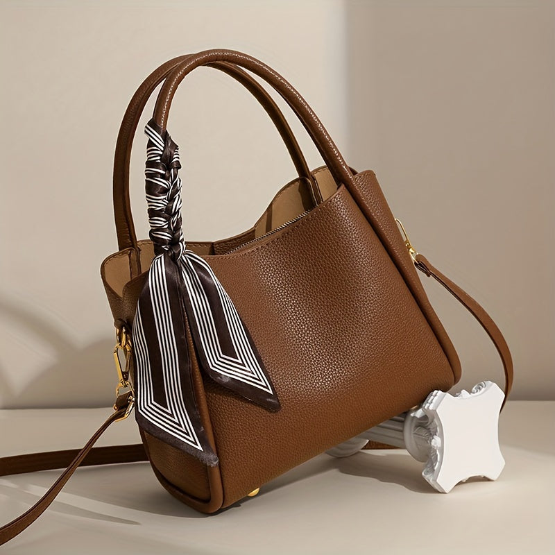 moocr Handbag With Scarf Accent   Leather  Elegant Shoulder Bag With Dual Handles For Daily Use  Luxury Solid Color Crossbody Purse