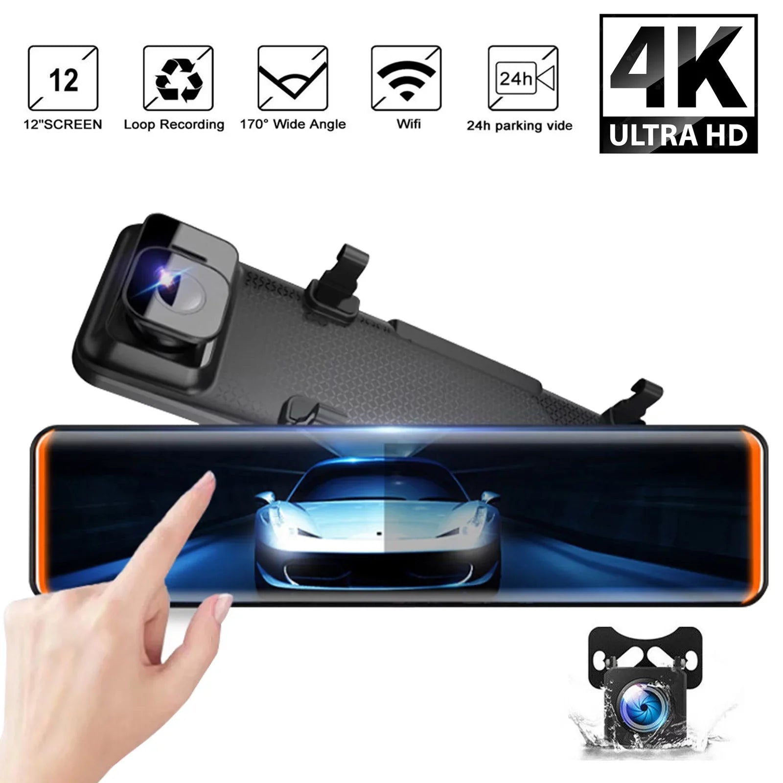 4K 12" Car Dash Cam Touch Screen with Rear View Mirror Camera Waterproof  Video Recorder Night Vision Motion Detection -Sensor