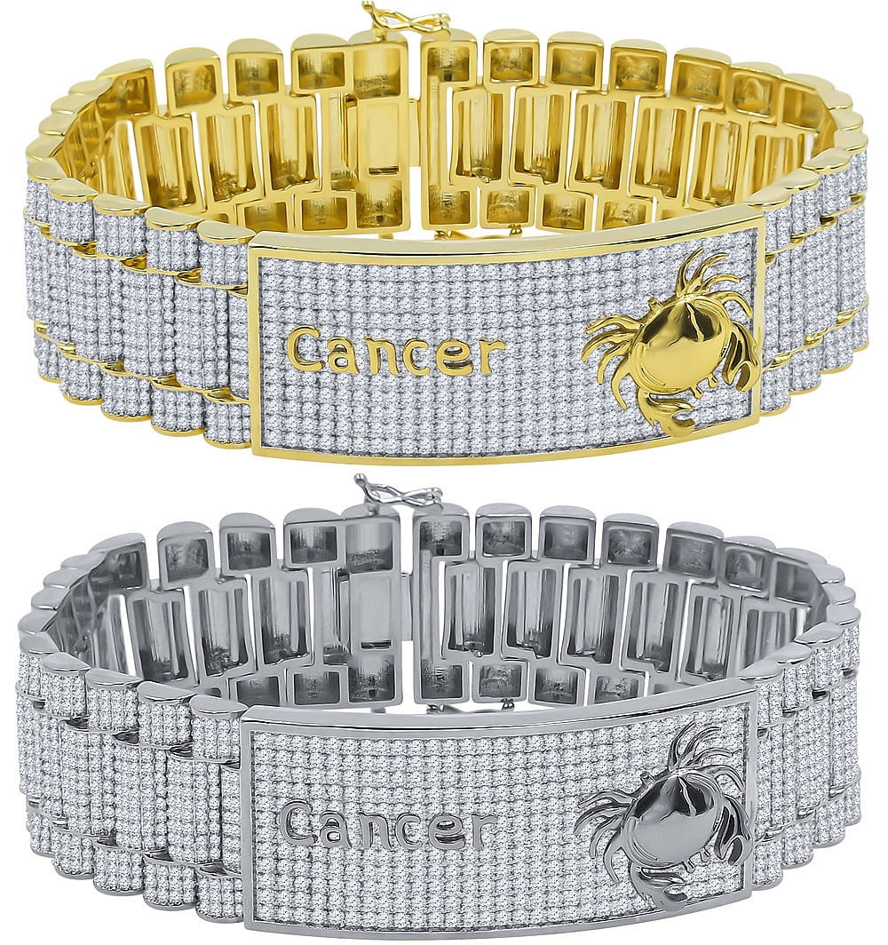 Mens Zodiac Sign Astrology Horoscope Cancer Crab 14K Gold Finish Simulated Diamond Bracelet 8.5''