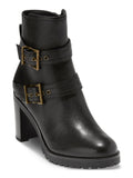 Womens Black Buckle Accent Foster Almond Toe Stacked Heel Zip-Up Leather Booties 5