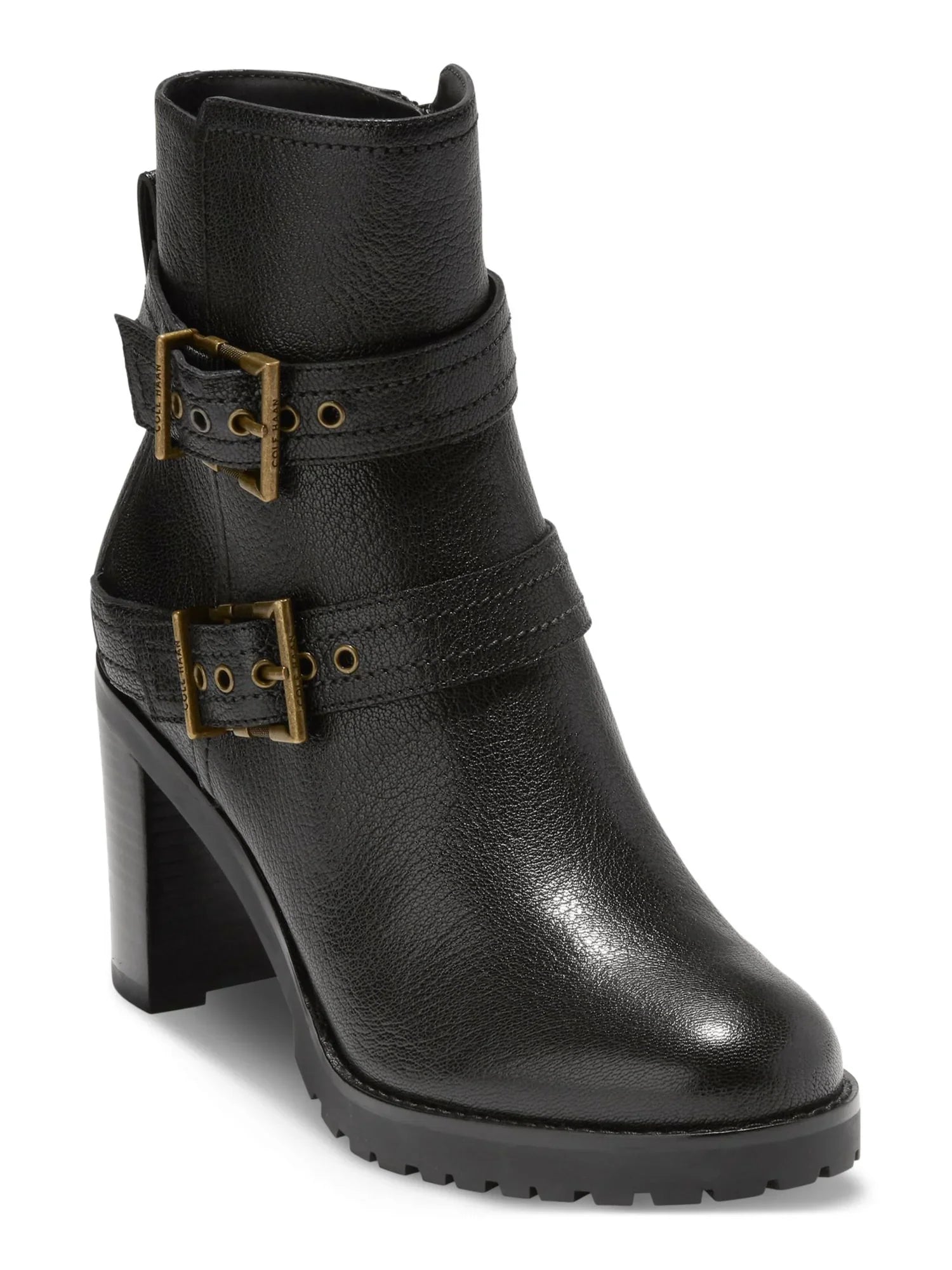 Womens Black Buckle Accent Foster Almond Toe Stacked Heel Zip-Up Leather Booties 5