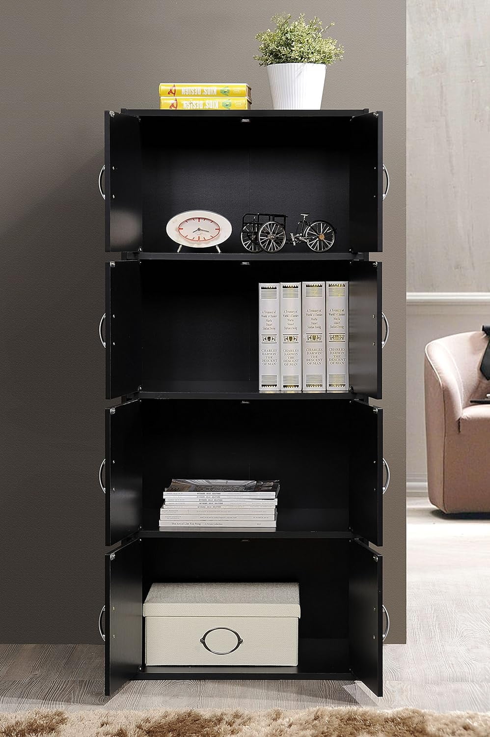 8 Door 4 Shelf Modern Wooden Heavy Duty Floor Mount Multipurpose Storage Bookcase Cabinet with Installation Hardware, Black