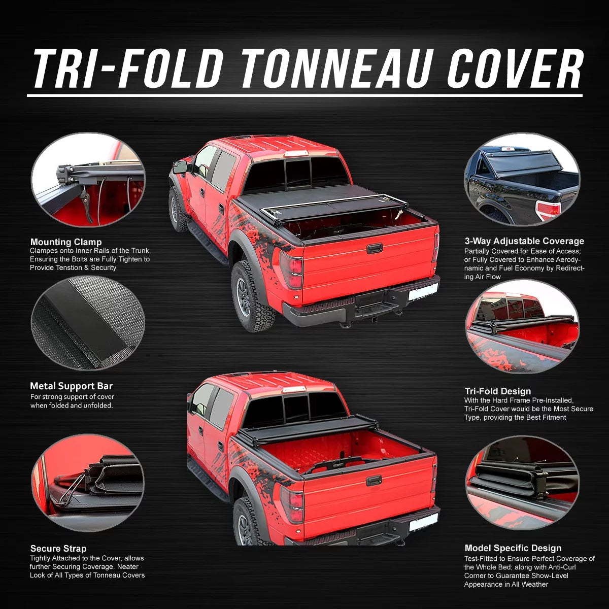 Motoring --043 for 2015 to 2019 Chevy Colorado/ Canyon 5' Bed Fleetside Adjustable Tri -Fold Soft Top Trunk Tonneau Cover 16 17 18
