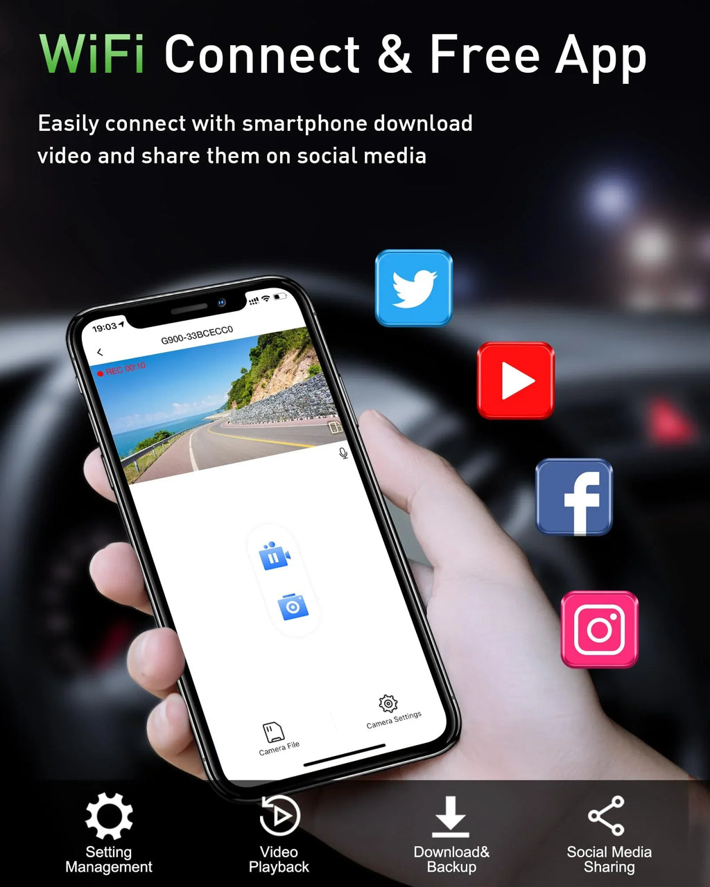 Advanced 4K+1080P WiFi dual dash cam, car front and rear dash cam, 3-inch  dual dash cam, night vision, 24 hours parking mode, loop recording, 170° wide angle, 64GB  card included