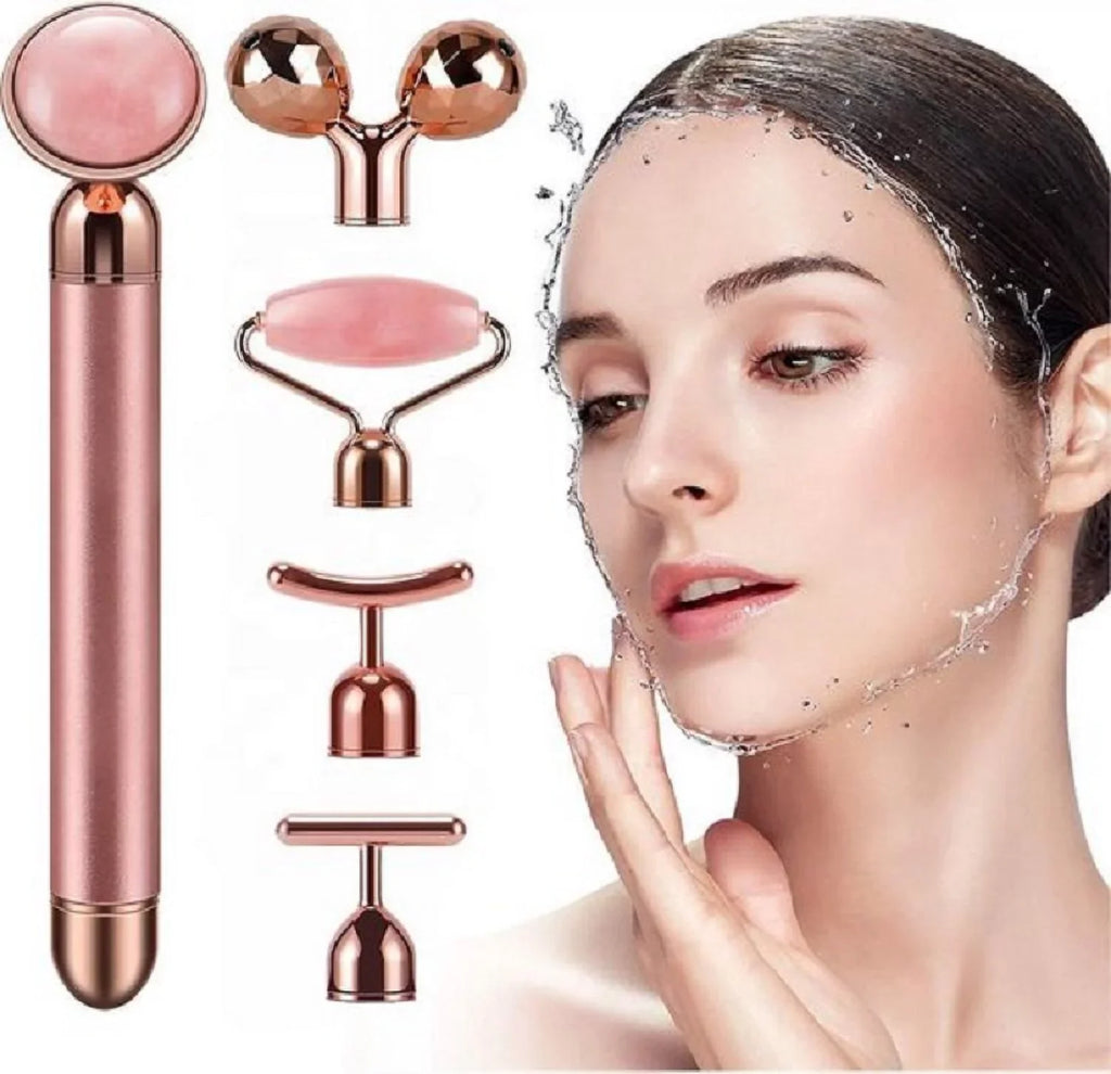 Innotech 5-in-1 24K Gold Beauty Bar Face Massager Electric Vibrating Rose Quartz 3D Roller Face Lifting Body Facial Gua Sha Jade Roller