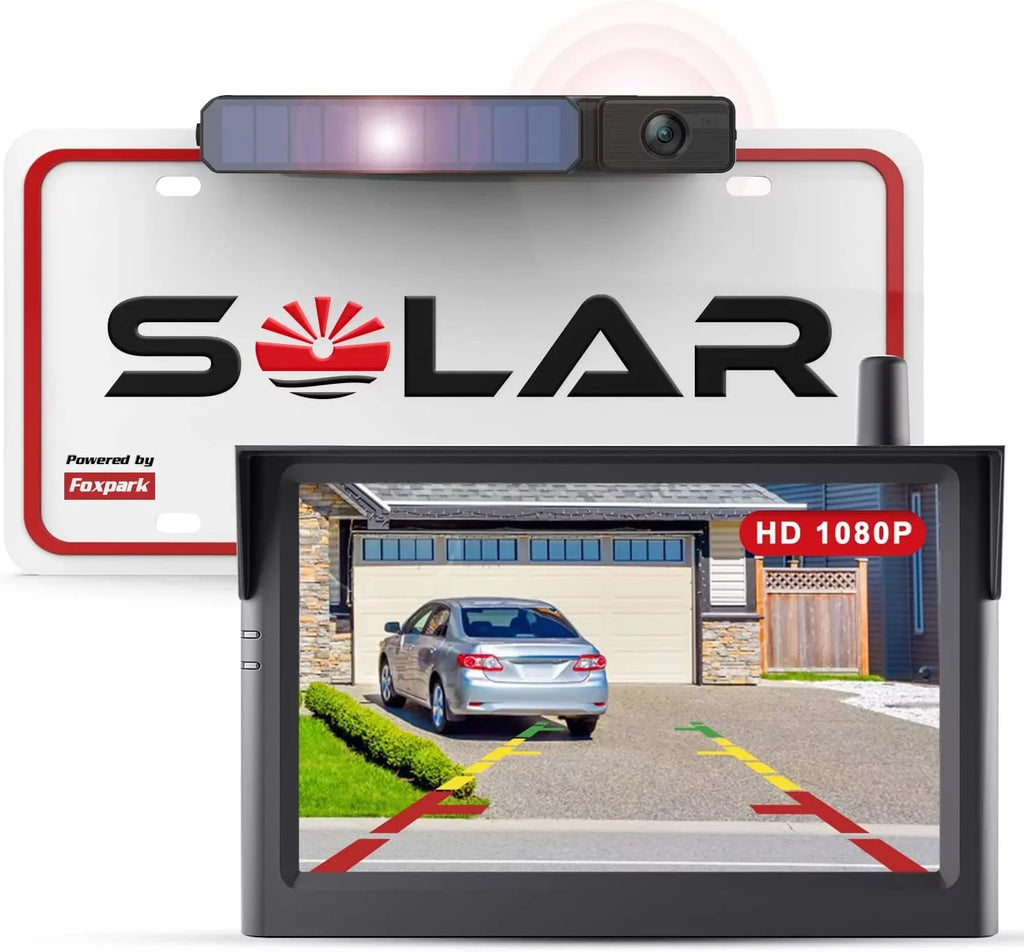 Wireless Backup Camera Solar Rear View Parking System for Car, 2 Channels Reverse Camera Wireless with Monitor Easy Installation,Solar Battery License Plate Camera for Trailer