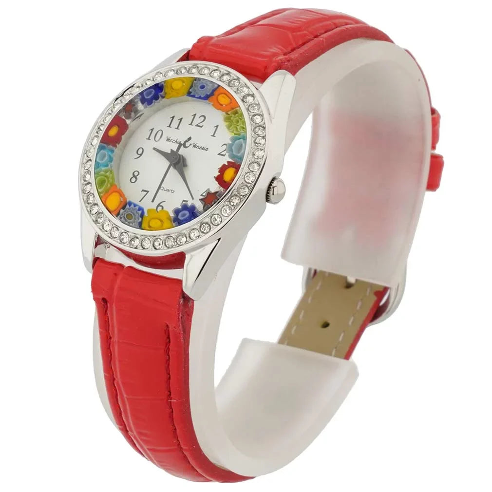 GlassOfVenice Murano Glass Watch Millefiori And Crystals With Leather Band - Red