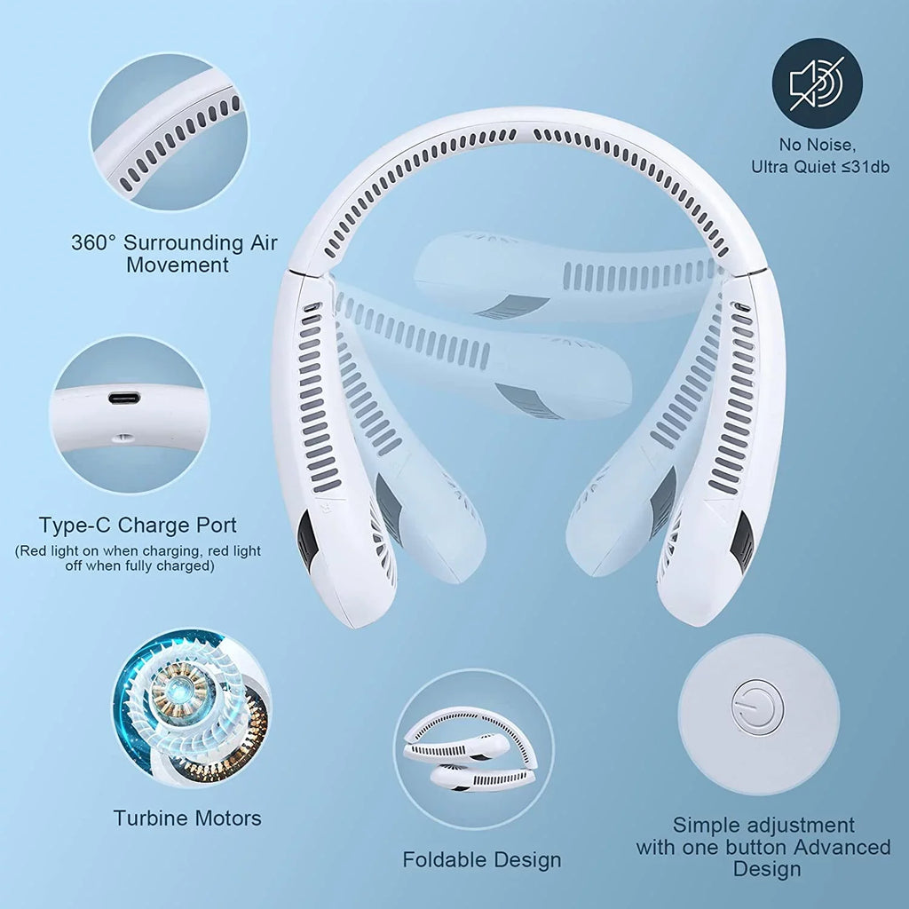 Morttic Portable Neck Fan, Foldable Bladeless Fan Wearable Personal Fan Hands Free Cooler Fan 5000 mAh 3 Speeds, 360 Degrees Airflow  Rechargeable Fan Perfect for Outdoor Travel Sport (White)
