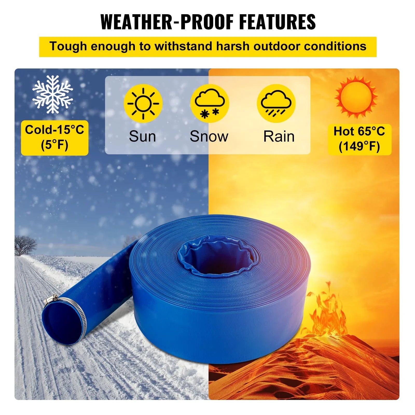 Discharge Hose, 2" x 105',  Fabric Lay Flat Hose, Heavy Duty Backwash Drain Hose with Clamps, Weather-proof & Burst-proof, Ideal for Swimming Pool & Water Transfer, Blue