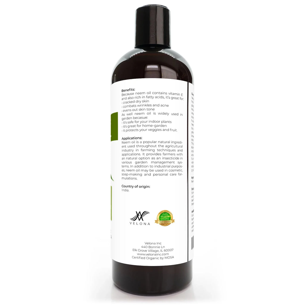 Velona Neem Oil  Certified Organic - 24 oz | 100% Pure and Natural Carrier Oil | Virgin, Unrefined, Cold Pressed | Hair, Body and Skin Care | Use Today - Enjoy Results