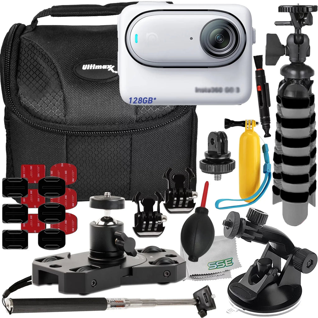 Ultimaxx Advanced Insta360  3 Action Camera Bundle (128GB) - Includes: 1/4” Screw Adapter for Action Cam Mounts, Mini Metal Dolly & More (25pc Bundle)