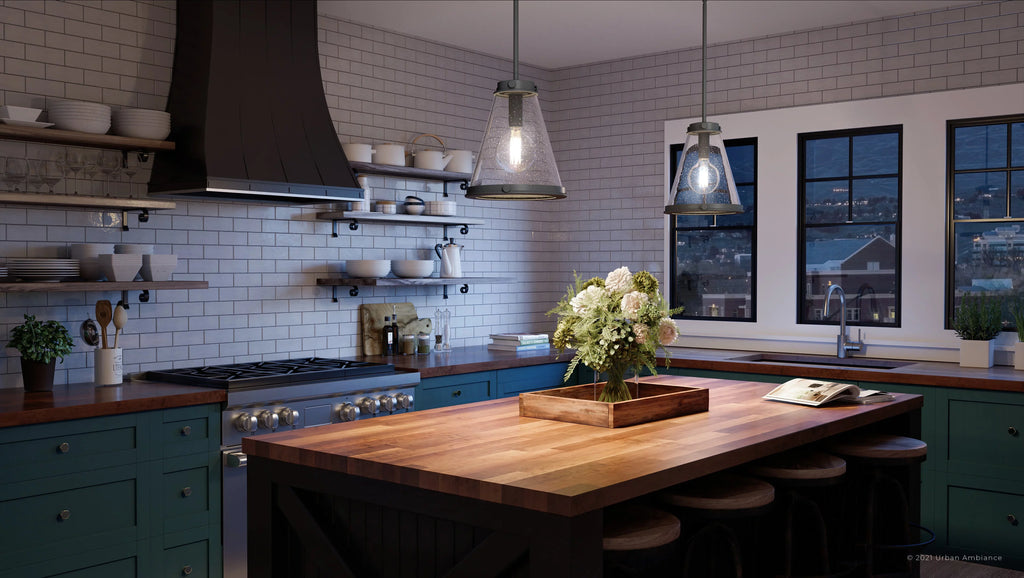 Luxury Modern Farmhouse Indoor Pendant, 14.75'' x 13.00'', with Casual Style Elements, Transitional Design, Black Sand Finish and Clear Seeded Glass,