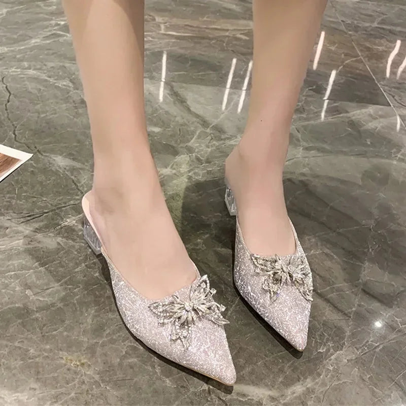 Crystal Luxury  High Heels Women Mules Shoes Sexy Pointed Toe Sandals 2024 Summer Designer Dress Flip Flops Pumps Slides