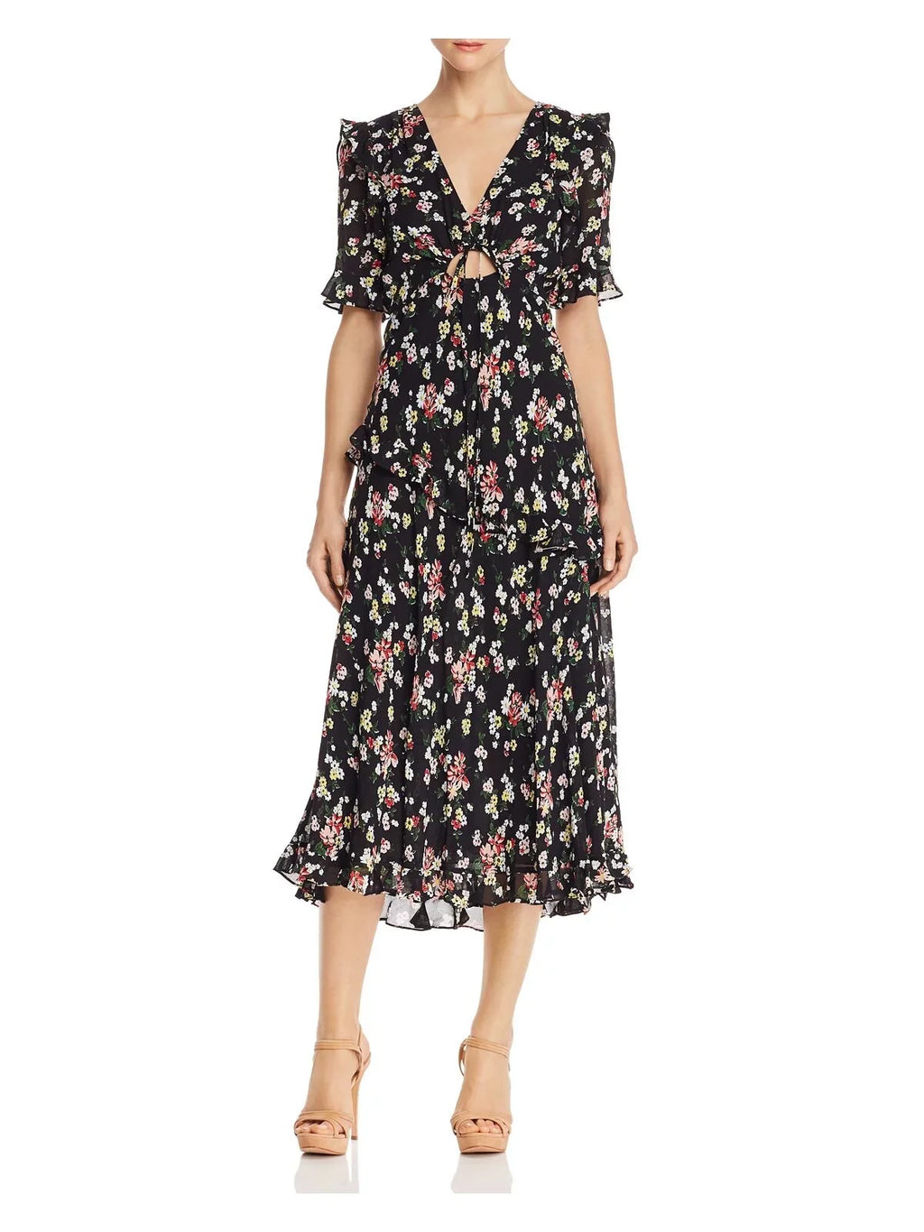 Womens Black Floral Short Sleeve  Neck Below The Knee Evening Fit + Flare Dress 2