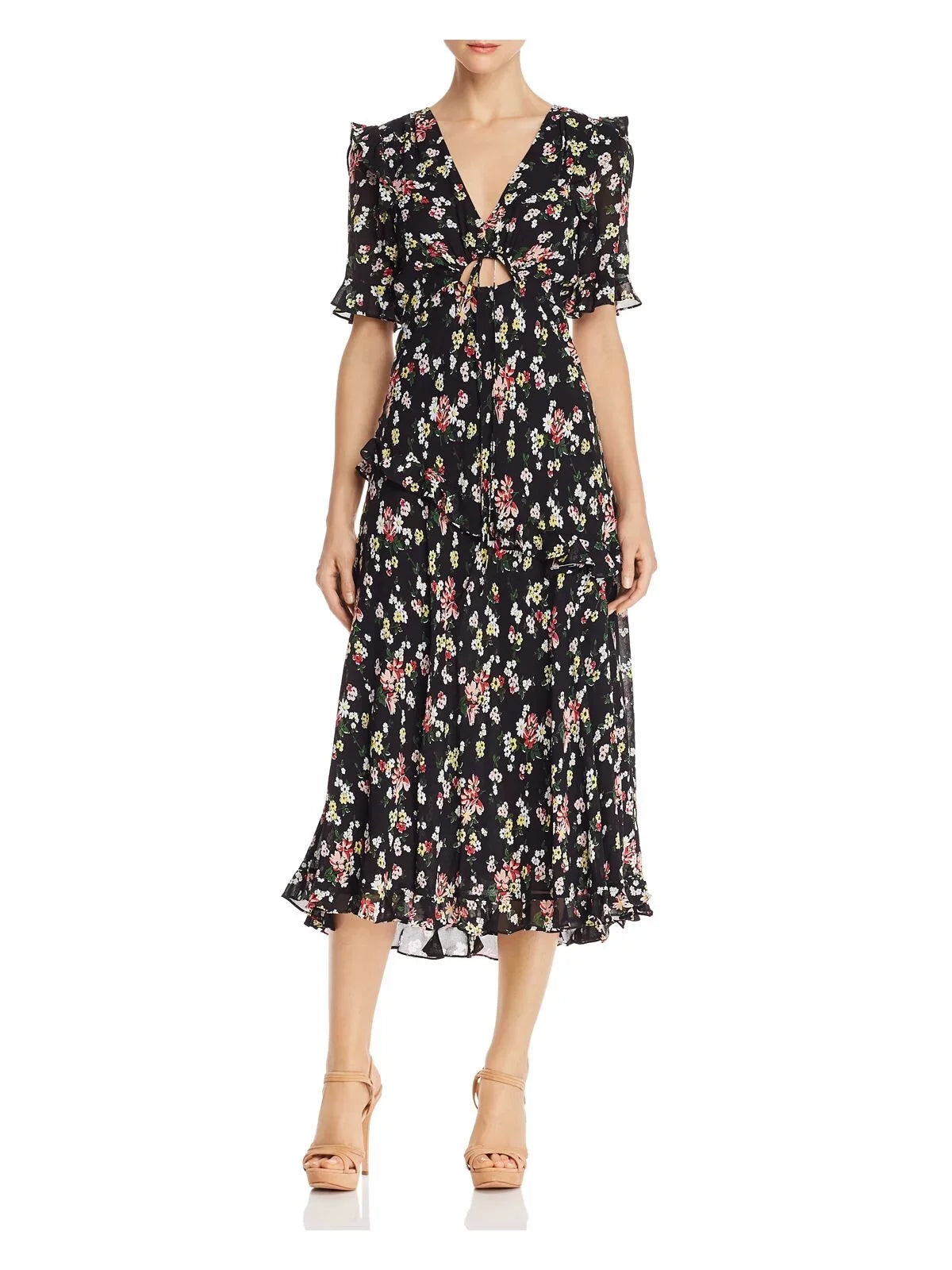 Womens Black Floral Short Sleeve  Neck Below The Knee Evening Fit + Flare Dress 2