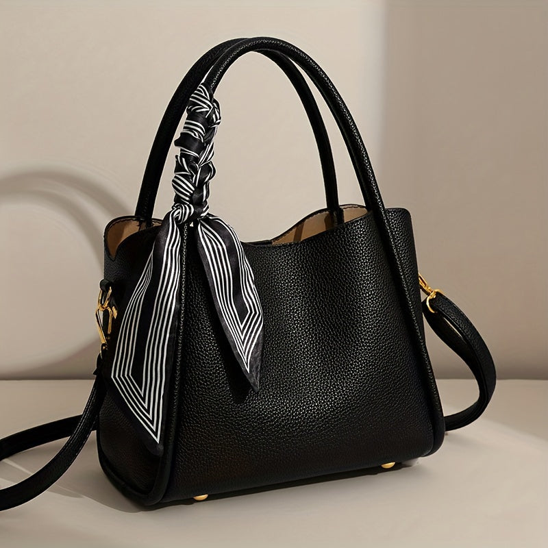 moocr Handbag With Scarf Accent   Leather  Elegant Shoulder Bag With Dual Handles For Daily Use  Luxury Solid Color Crossbody Purse