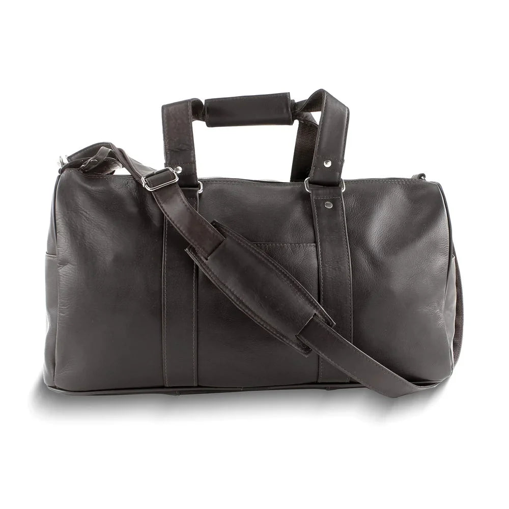 Dark Brown Leather Zip-Top Duffle Bag with Adjustable Strap