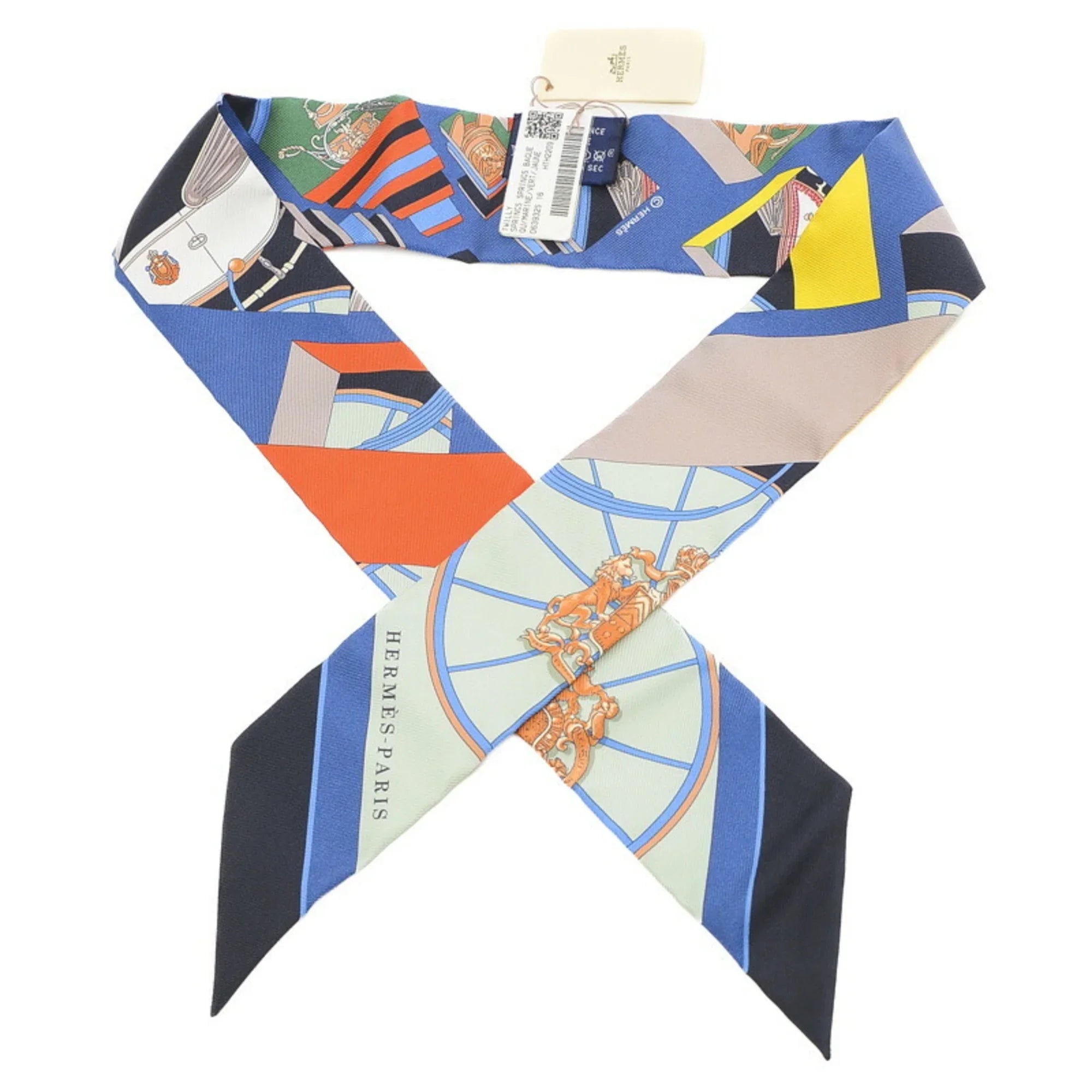 Pre-Owned Hermes Twilly Scarf Spring Baguette Marine/Vert/Jaune 100% Silk (Like New)