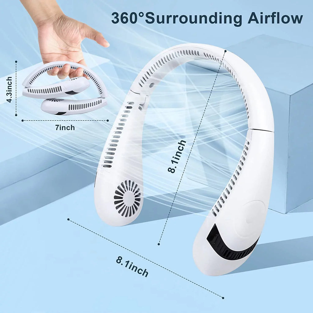 Morttic Portable Neck Fan, Foldable Bladeless Fan Wearable Personal Fan Hands Free Cooler Fan 5000 mAh 3 Speeds, 360 Degrees Airflow  Rechargeable Fan Perfect for Outdoor Travel Sport (White)